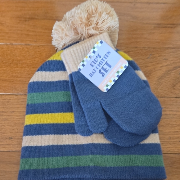 Striped Kids Hat and Mitten Set - Blue, Green, Yellow - Picture 1 of 1